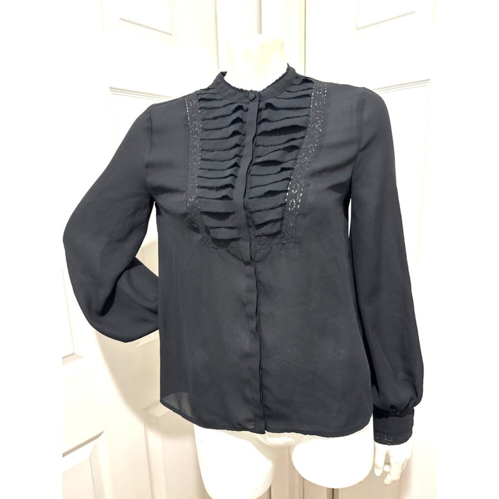 REBEKKA MINKOFF Womens XS Black Lace Up Feminine Regency Office Blouse EUC